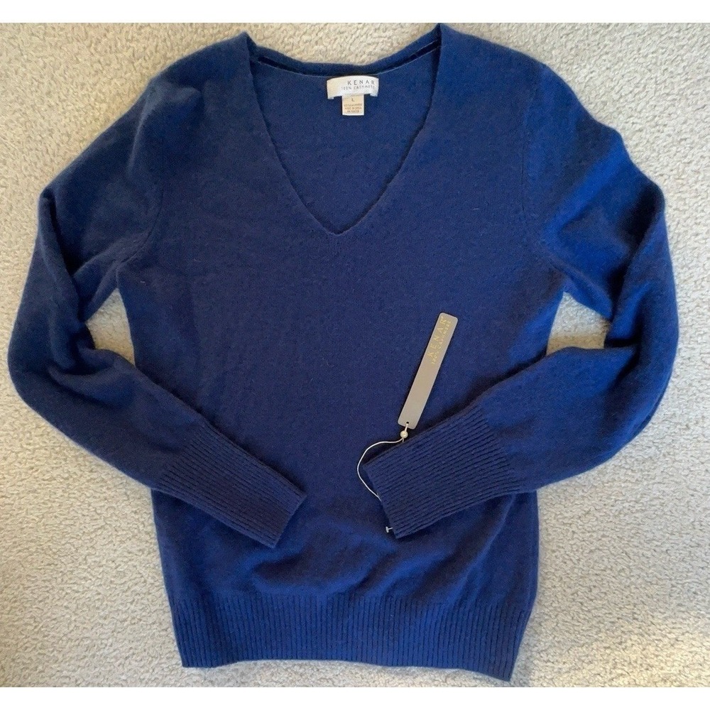 NWT KENAR 100% Chashmere V Neck Sweater Women's Size L Blue